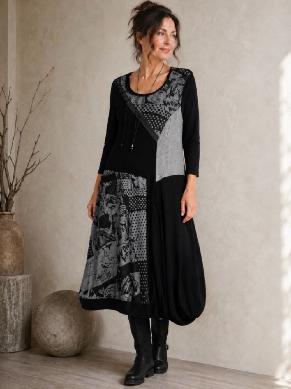 Jane & John XL Artsy Comic Print Midi Dress Black Gray Black Pocket Lagenlook